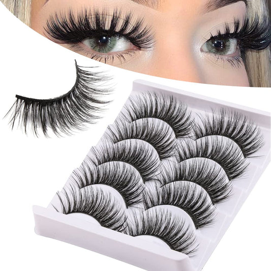 3D False Eyelashes Packs 5 Pairs Faux Mink Lashes Fluffy Natural Look False Lash 18MM Volume Long Faux Eyelash Soft Reusable Lashes (5Pairs1Style(6D08))